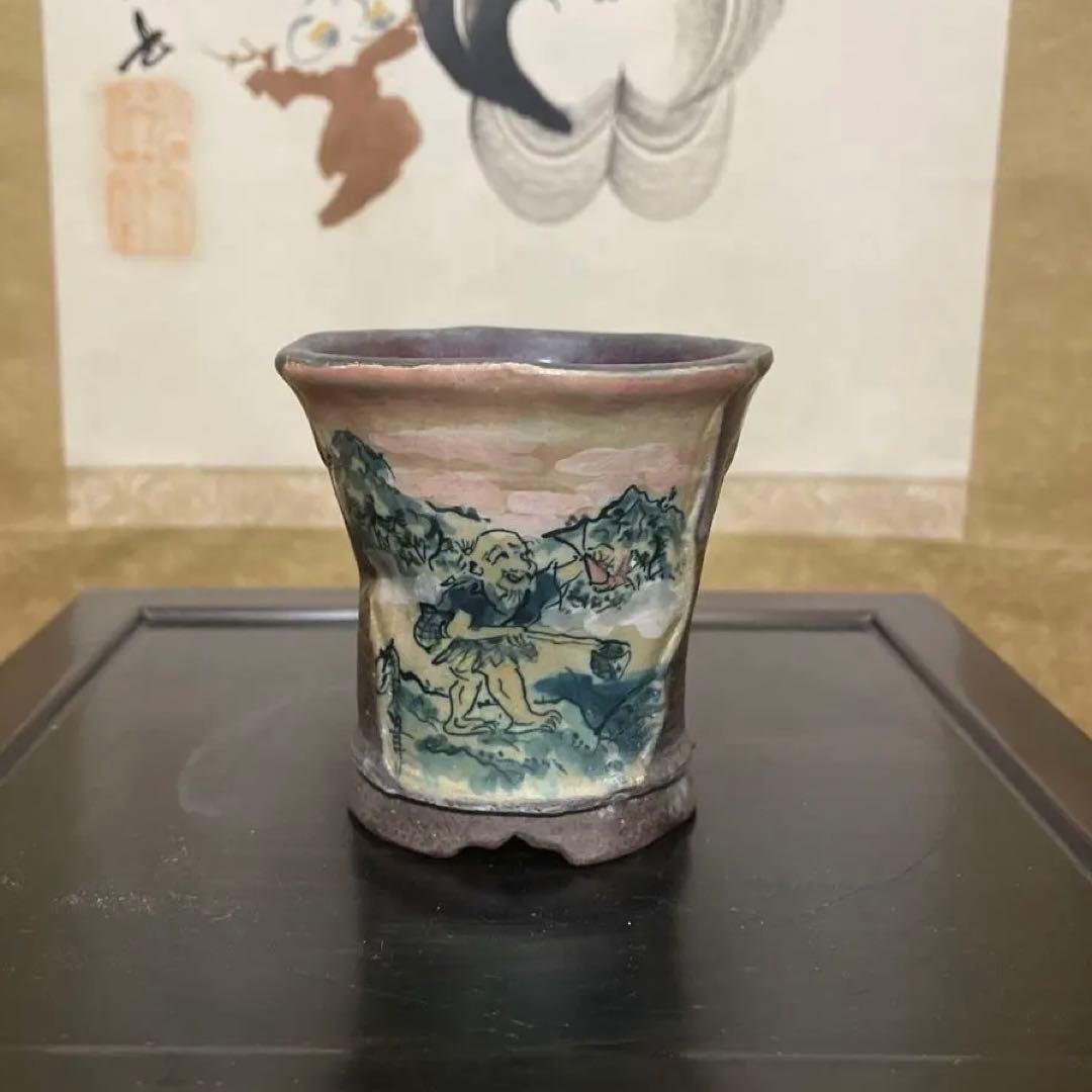 【中古】盆栽鉢 陶翠 小型 直径(約)8.5cm 丸鉢 色絵 春景 山水図 手描
