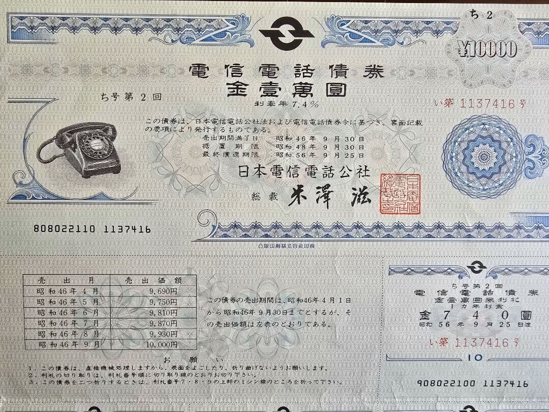 日本電信電話公社 電信電話債券 壱萬圓 　【昭和レトロ】