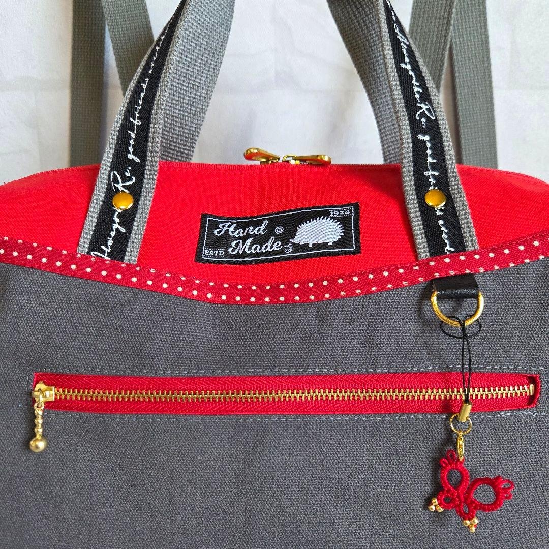 ボストン型3way バッグ(L)　帆布×ドット　ハンドメイド